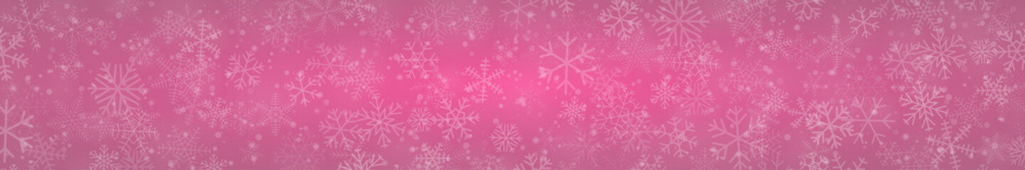 Christmas banner of snowflakes of different shapes, sizes and transparency on pink background