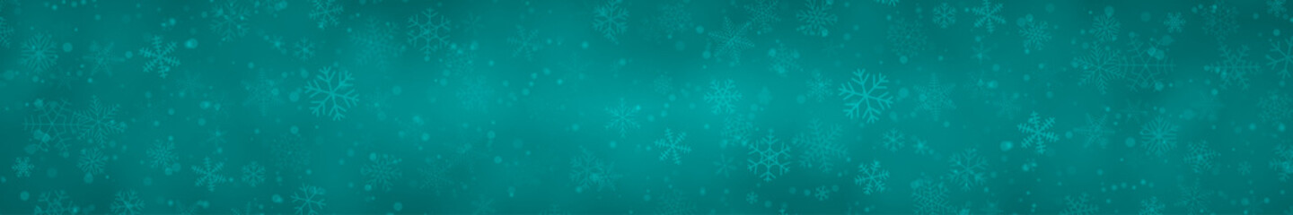 Christmas banner of snowflakes of different shapes, sizes and transparency on light blue background