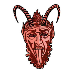 Krampus. Scary krampus. Horned devil. Realistic. Heck. Traditional Christmas devil. Little devil stealing a child.Hand drawn illustration for cards, posters, stickers and professional design. Austrian