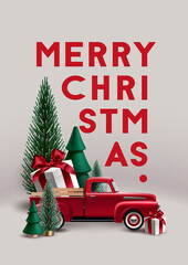 Christmas composition with christmas trees,  vintage toy red pickup truck and gift box.
