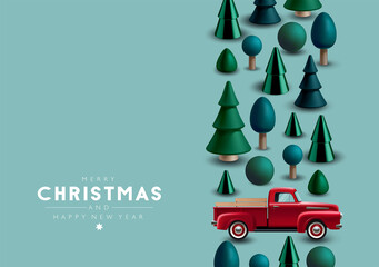 Christmas vertical border with Christmas trees and  vintage toy red pickup truck.