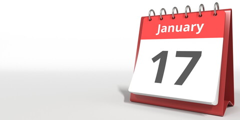 January 17 date on the flip calendar page, 3d rendering