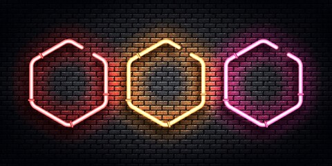 Vector set of realistic isolated neon sign of hexagon frame for template and layout.