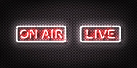Vector set of realistic isolated neon sign of Live and On Air on the transparent backround. Concept of podcast and live streaming.