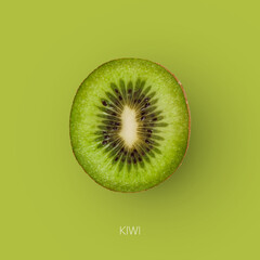 One fresh ripe kiwi fruit isolated on green background, square