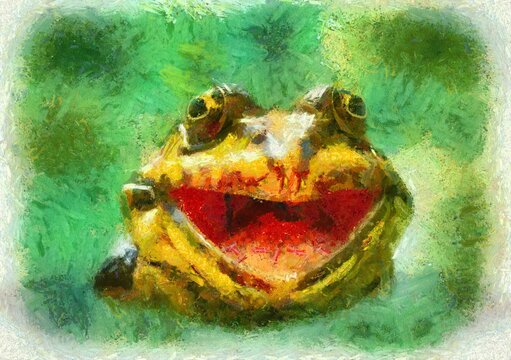 happy frog impressionism on green background