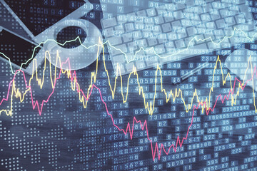 Double exposure of forex chart hologram over desktop with phone. Top view. Mobile trade platform...