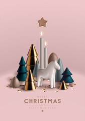 Christmas composition with Christmas trees and traditional toy  horse.