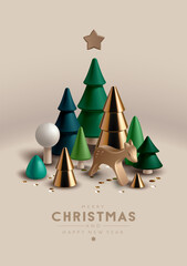 Christmas composition with Christmas trees and toy wooden deer