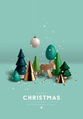 Christmas composition with Christmas trees and toy wooden deer