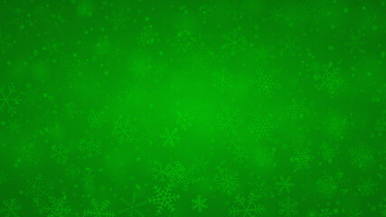 Christmas background of snowflakes of different shapes, sizes and transparency in green colors