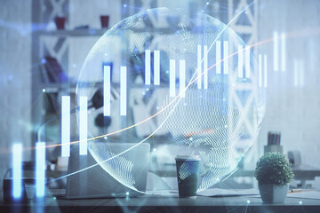 Double exposure of stock market graph drawing and office interior background. Concept of financial analysis.