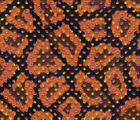 Black leopard fur with different shaped orange spots and multicoloured gemstones. Seamless pattern
