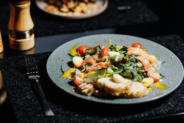 food, dinner, restaurant, salad, meal, plate, table, lunch, wine, dish, gourmet, meat, healthy, wedding, banquet, vegetables, glass, tomato, seafood, red, dining, buffet, cuisine, delicious, appetizer