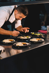 Portrait of a male chef decorating food in ceramic dishes over stainless steel worktop in restaurant kitchen.