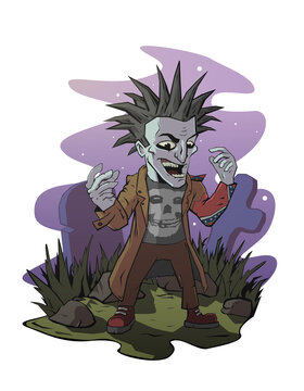 Punk zombie vampire in the cemetery at night. vector character illustration
