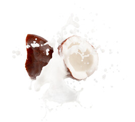 coconut halves with milk splash isolated on a white background