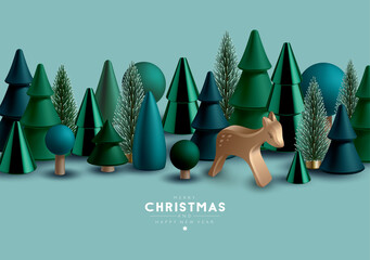 Christmas border with Christmas trees and wooden toy deer.