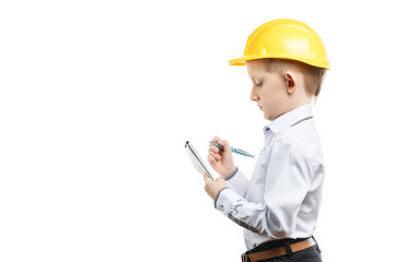 boy in yellow construction helmet on white