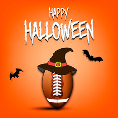 Happy Halloween pattern. Football template design. Football ball with witch hat. Design pattern for banner, poster, greeting card, flyer, party invitation. Vector illustration