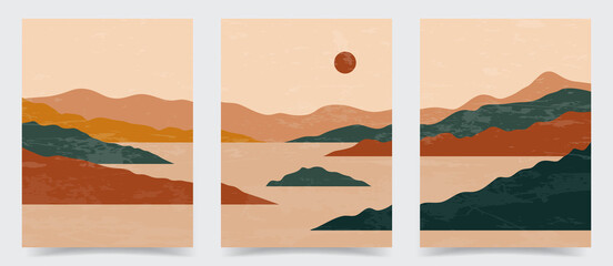 Vector illustration. Abstract contemporary aesthetic backgrounds. Landscapes set. Earth tone colors. Boho wall decor. Modern art print. Flat design for book cover, poster, banner, brochure, flyer © VVadi4ka