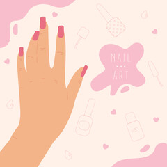 Hand drawn abstract background for nail studio or spa salon.Beautiful woman hand with nude nail polish.Various shapes and doodle objects.Simple trendy background template with space for text. 