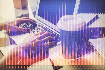 Naklejka na ściany i meble Double exposure of woman hands typing on computer and forex chart hologram drawing. Stock market invest concept.
