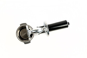 Black and silver coffee filter holder with a metal coffee tamper top down view