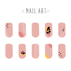 Set of colored painted abstract art nail stickers with leaves. Trendy manicure art. Nude nail polish. Vector illustration isolated on white background.
