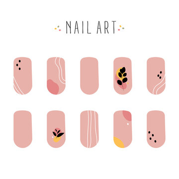 Set of colored painted abstract art nail stickers with leaves. Trendy manicure art. Nude nail polish. Vector illustration isolated on white background.