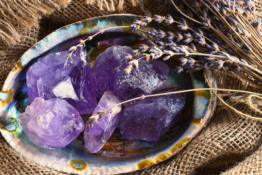 A close up image of several rough pieces of amethyst crystal in an abalone shell with dried lavender flowers. 