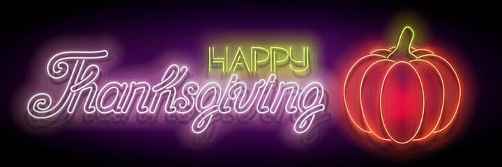 Glow Thanksgiving Greeting Card with Pumpkin and Inscription. Neon Light Fall Plant, Lettering. Shiny Template for Poster, Banner, Invitation. Glossy Background. Vector 3d Illustration