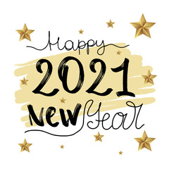 Happy new year 2021. Lettering and sparkling golden stars on white background. Template for postcard, invitation, congratulations on the new year and holidays.