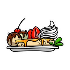 Fototapeta premium Honey Toast, Drawing in Comic Style. Ice cream Scoops, whipped Cream and Strawberry serving with toasted Bread and Honey.