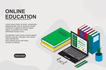 Online education, training, courses, e-learning , distance learning, exam preparation, home schooling. Web banner background. Workplace with laptop, books, pencil.