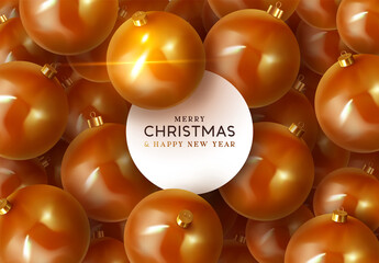 Background with Christmas brown balls. Realistic Xmas decorative round baubles. Greeting card, banner, poster, flyer, elegant brochure. Merry Christmas and happy new year. vector illustration