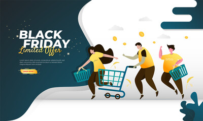 People running to shop for Black Friday events on illustration concept