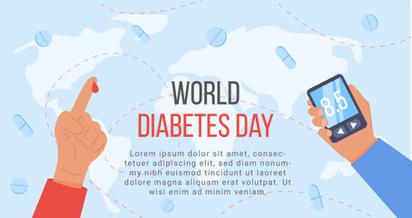 Banner for World diabetes day awareness with a world map on background. Arm and finger with blood drop and hand with digital glucometer. Poster for diabetes blood sugar level test. Vector illustration - Powered by Adobe