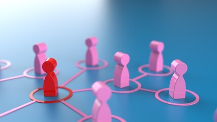 Obraz premium Chain of red human figurines connected by pink lines. Cooperation and interaction between people and employees. Dissemination of information in society, rumors. Social contacts. 3D illustration CG.