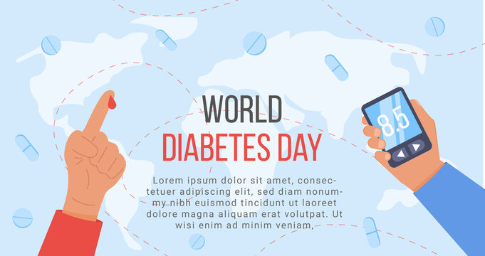 Banner for World diabetes day awareness with a world map on background. Arm and finger with blood drop and hand with digital glucometer. Poster for diabetes blood sugar level test. Vector illustration