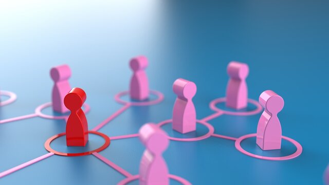 Chain of red human figurines connected by pink lines. Cooperation and interaction between people and employees. Dissemination of information in society, rumors. Social contacts. 3D illustration CG.