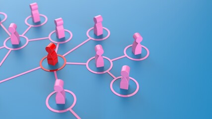 Chain of red human figurines connected by pink lines. Cooperation and interaction between people and employees. Dissemination of information in society, rumors. Social contacts. 3D illustration CG.