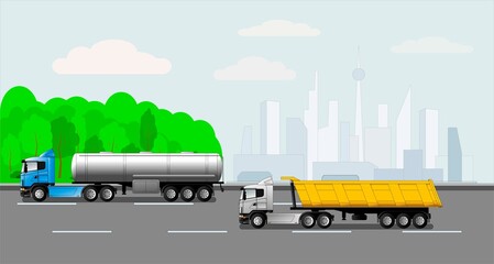 Trucks on the background of the city.