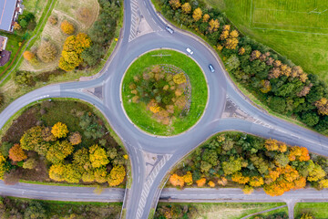 Aerial view of a roundabout in autumn