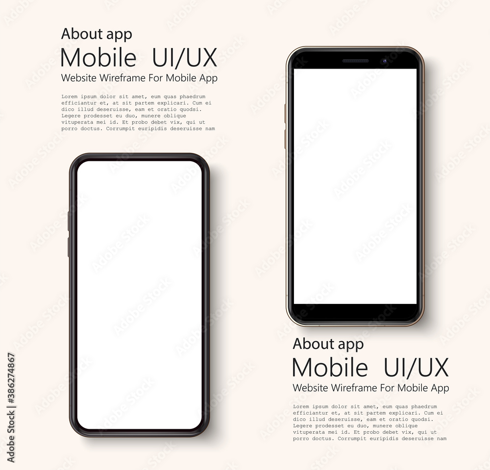 Fototapete Realistic smartphone mockup set. Mobile phone blank, white screen design. Modern digital device template. Vector mobile set device concept. Detailed Mockup Smartphone. Top view