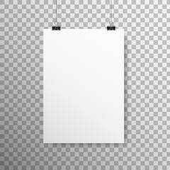 Poster mockup vertical. White empty paper with clips. Realistic sheet hanging on light wall. A4 blank on transparent backdrop. White template with soft shadow. Vector illustration