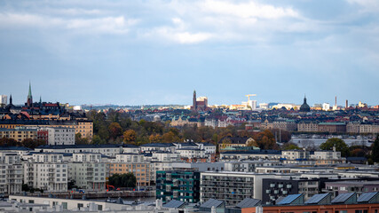 Stockholm, Sweden - 2020.10.18: Birdseye view of the Södermalm municipality and other surrounding districts in southern Stockholm. Photo taken on top of ski slope Hammarbybacken.