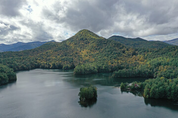 Aerial image of Funnel Top mountain and Lake Santeetlah, North Carolina in autumn color.
