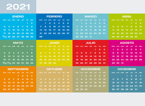 Colorful Calendar for year 2021 in Spanish, vector format.