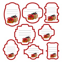 8 labels for gifts with a picture of a festive box with ribbon and berries. New Year's decoration for gifts. 